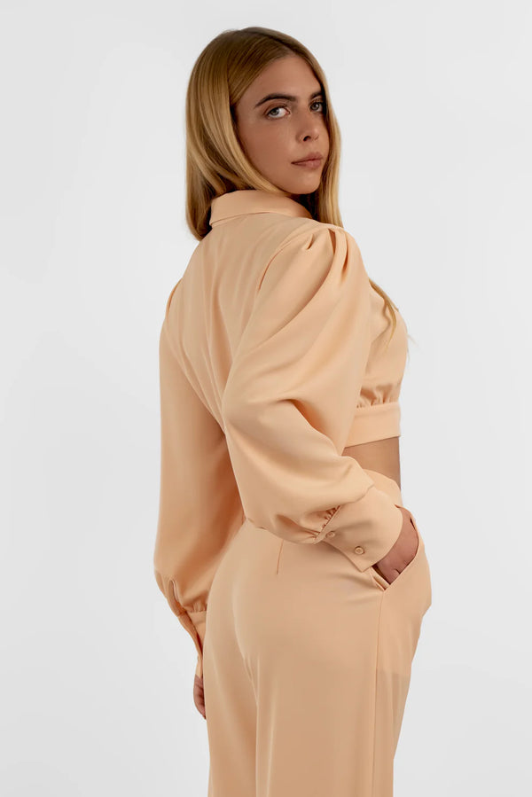 Camicia Crop Effetto Palloncino in Viscosa Crema