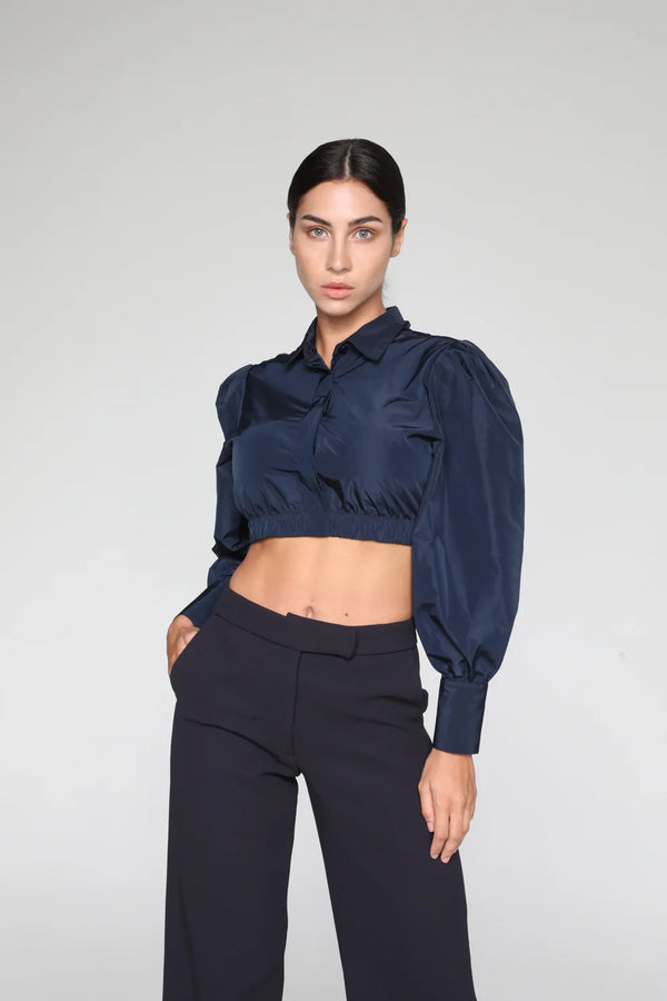 Camicia Crop Effetto Palloncino in Taffetà Blu Navy