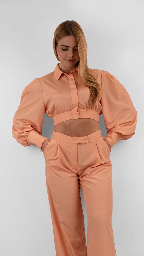 Camicia Crop Effetto Palloncino in Viscosa Pesca